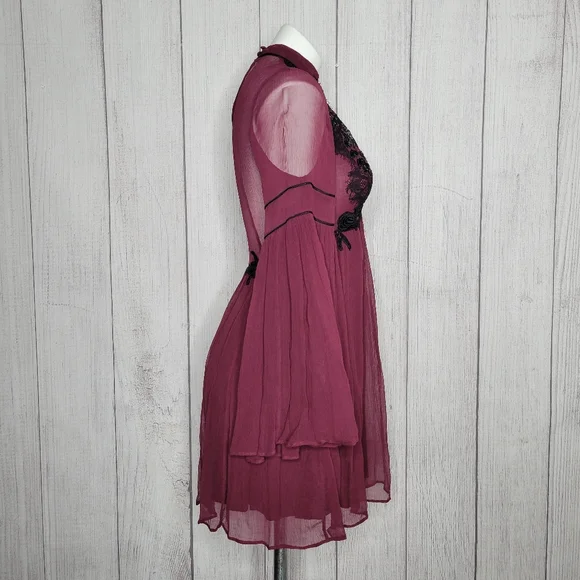 Free People Sheer Bell Sleeve Mini Dress w/ Sequins and Embroidery, size Small - Picture 4 of 10